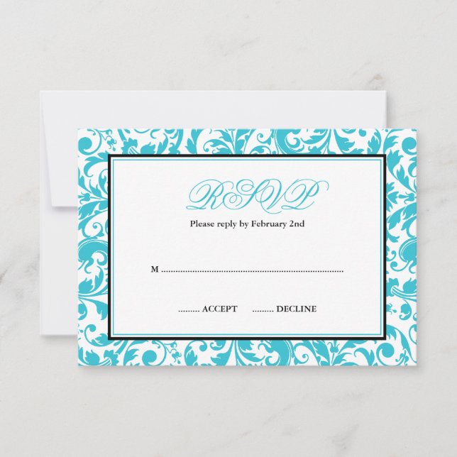 Teal and Black Swirl Damask Bat Mitzvah RSVP (Front)