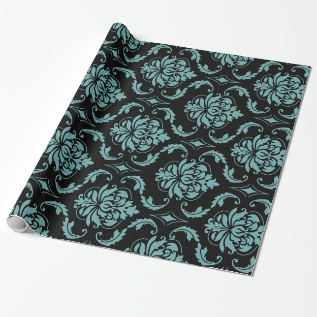 Teal and Black Vintage Damask Pattern Wrapping Paper (Unrolled)