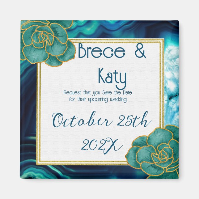 Teal and Blue Floral Agate Save the Date Magnet (Front)