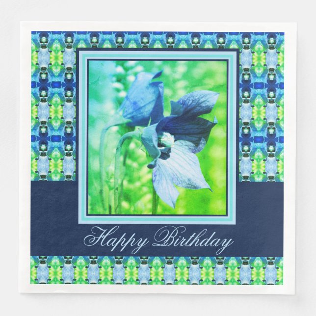 Teal and Blue Floral Paper Birthday Dinner Napkins (Front)