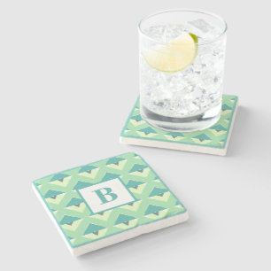 Teal and Blue Geometric Pattern Monogram Stone Coaster