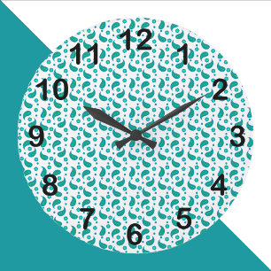Teal and Blue Paisley Floral Pattern Black Numbers Large Clock