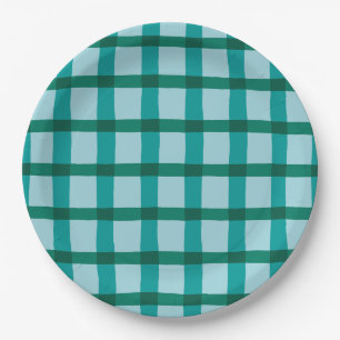 Teal and Blue Plaid Pattern Paper Plate