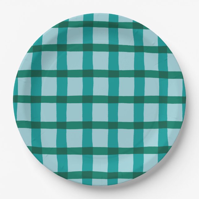 Teal and Blue Plaid Pattern Paper Plate (Front)