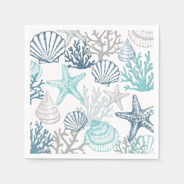 Teal And Blue Starfish Seashell Pattern Napkin (Front)