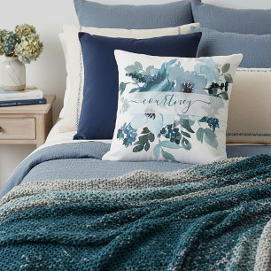 Teal and blue watercolor floral personalised cushion