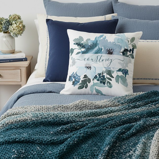 Teal and blue watercolor floral personalised  cushion (Creator Uploaded)