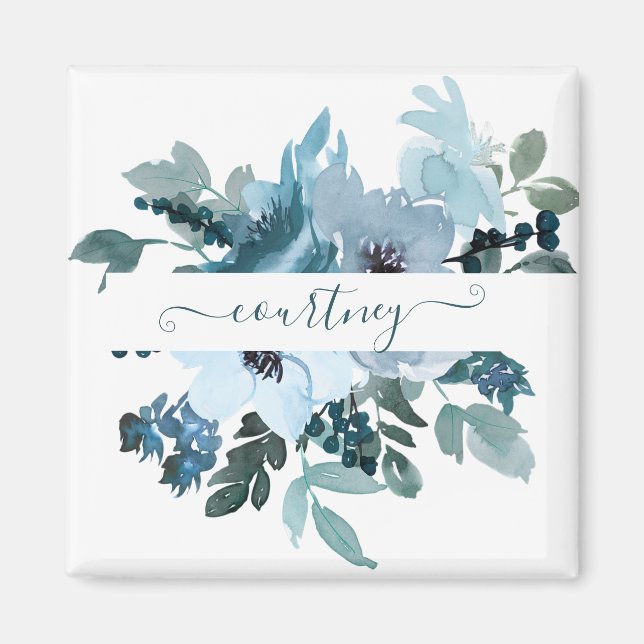 Teal and blue watercolor floral personalised  magnet (Front)