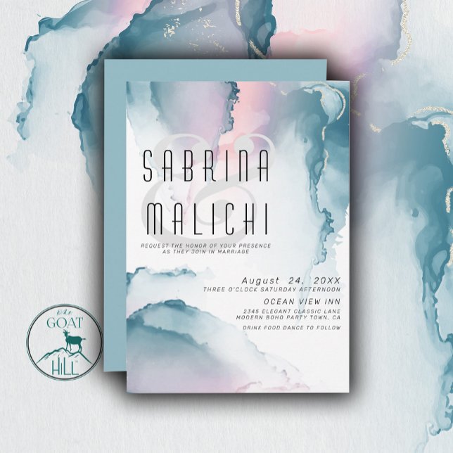 Teal and Blush Rose Modern Fluid Ink Invitation (Creator Uploaded)