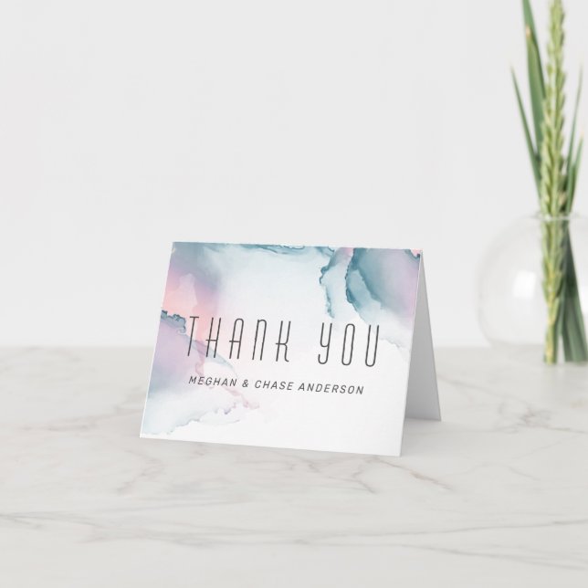 Teal and Blush Rose Modern Fluid Ink Thank You Card (Front)