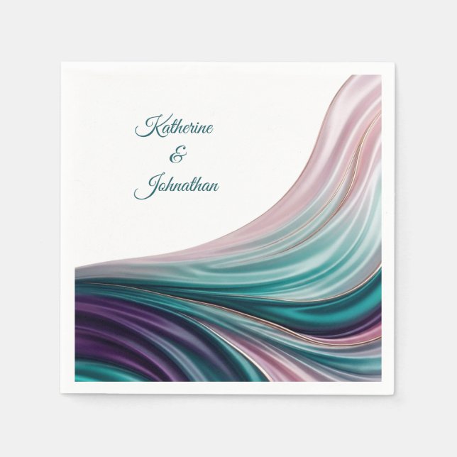 Teal and Blush Silk Wedding Napkin (Front)