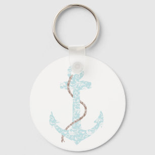 Teal and Brown Anchor Beach Wedding Key Ring