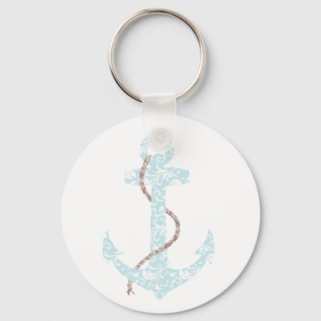 Teal and Brown Anchor Beach Wedding Key Ring (Front)