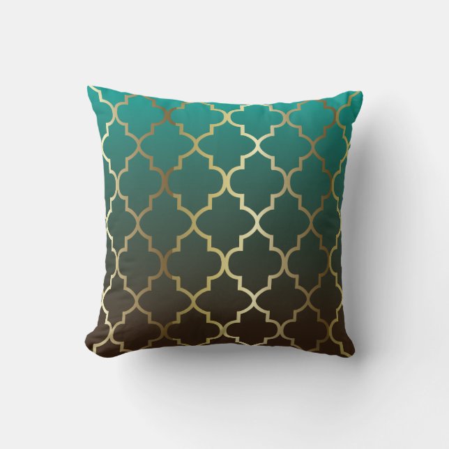 Teal and Brown Blend | Gold Quatrefoil Pattern Cushion (Front)
