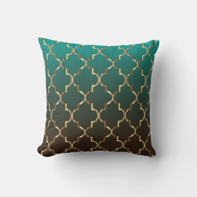 Teal and Brown Blend | Golden Quatrefoil Pattern Cushion (Front)