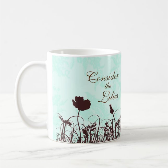 Teal and Brown Consider the Lilies Christian Quote Coffee Mug (Left)