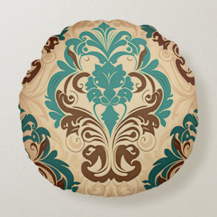 Teal and Brown Damask Flourishes on Warm Cream Round Cushion