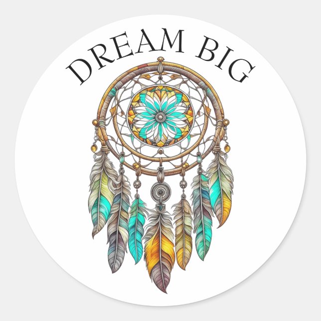 Teal and Brown Dreamcatcher | Dream Big Classic Round Sticker (Front)