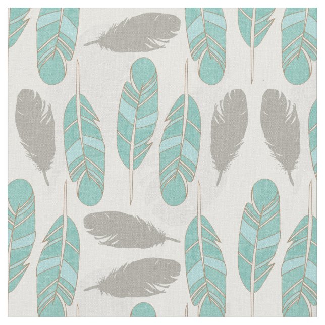 teal and brown feathers modern print fabric (Close Up)