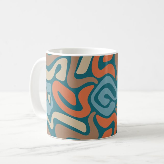 Teal and Brown Organic Blob Wave Pattern Coffee Mug (Front Left)