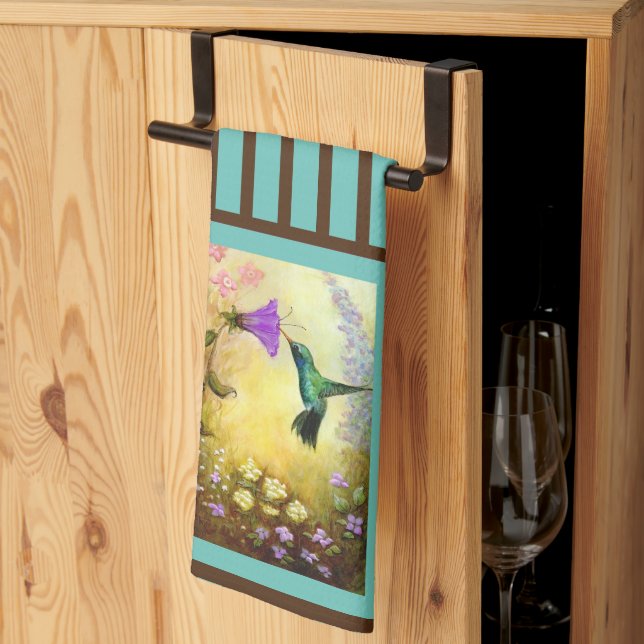 Teal and Brown Striped Hummingbirds Kitchen Towel (Thirds Fold)