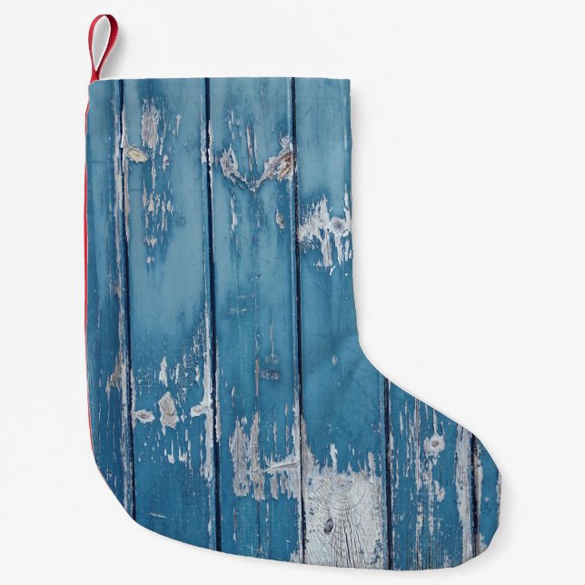 Teal and brown wooden board small christmas stocking (Front)