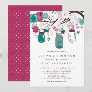 Teal and Burgundy Hanging Mason Jars Wedding Invitation