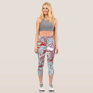 Teal and Burgundy Marble Digital Fluid Art   Capri Leggings