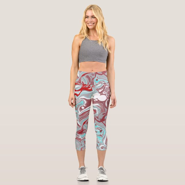 Teal and Burgundy Marble Digital Fluid Art   Capri Leggings (Front)