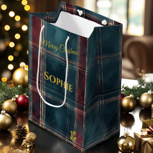 Teal and Burgundy Plaid Christmas Holiday Custom Medium Gift Bag