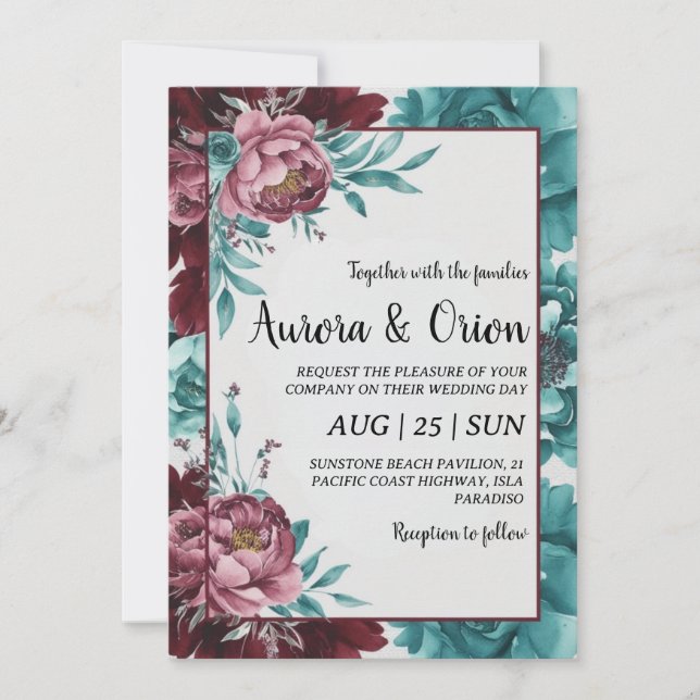 teal and burgundy wedding invitations (Front)