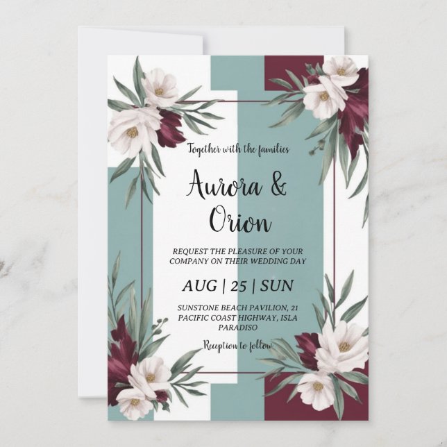 teal and burgundy wedding invitations (Front)