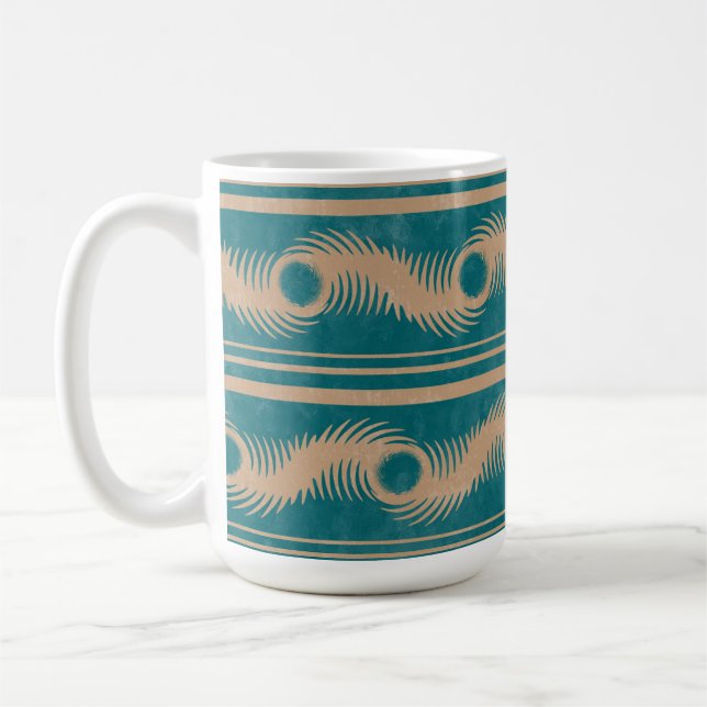 Teal and Caramel Spiral Geometric Striped Pattern Coffee Mug (Left)
