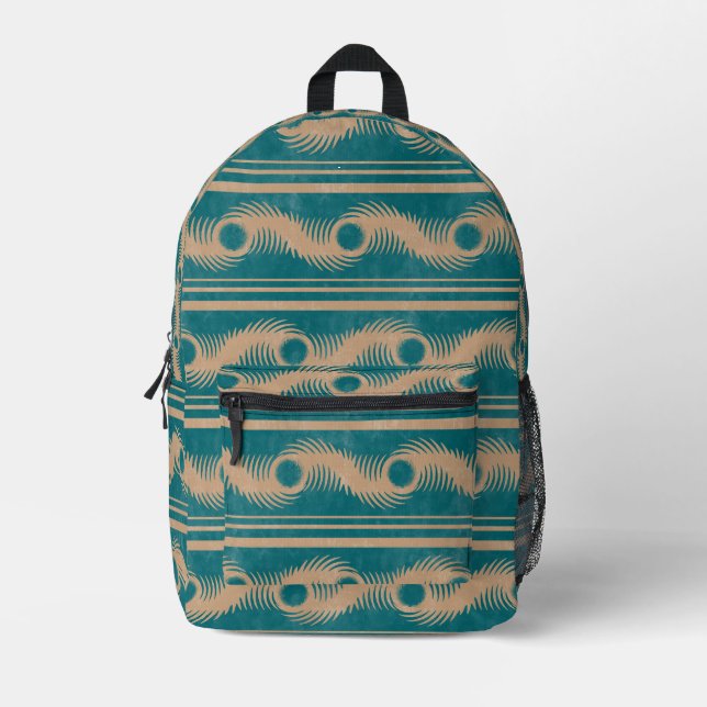 Teal and Caramel Spiral Geometric Striped Pattern Printed Backpack (Front)