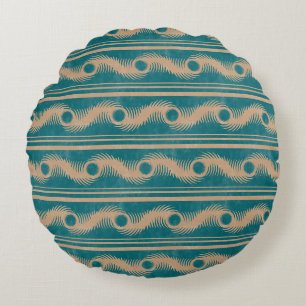 Teal and Caramel Spiral Geometric Striped Pattern Round Cushion