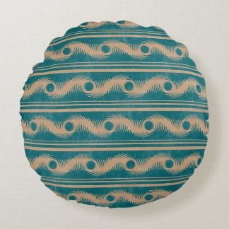 Teal and Caramel Spiral Geometric Striped Pattern Round Cushion