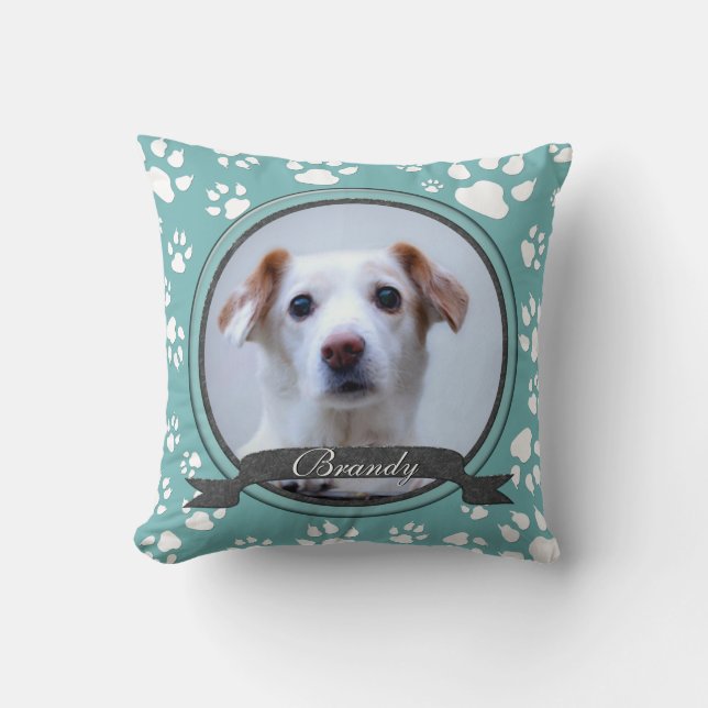 Teal and Charcoal  Dog Memorial Paw Prints Cushion (Front)