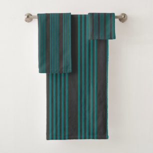 Teal and charcoal five stripe pattern bath towel set