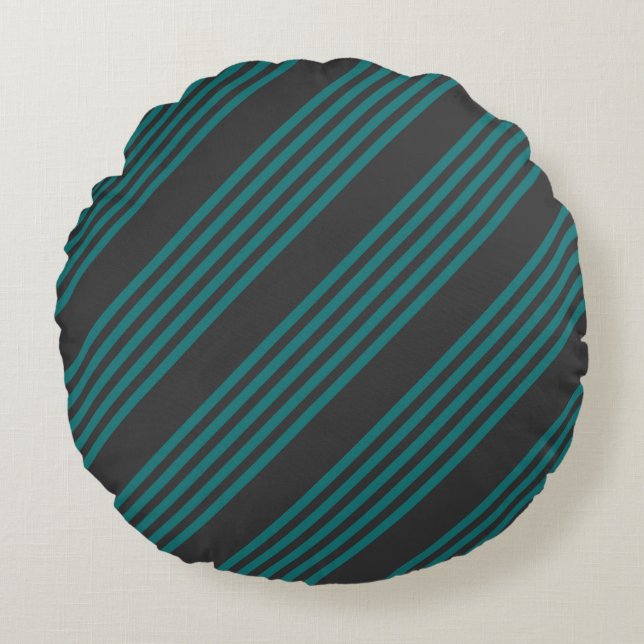 Teal and charcoal five stripe pattern round cushion (Front)