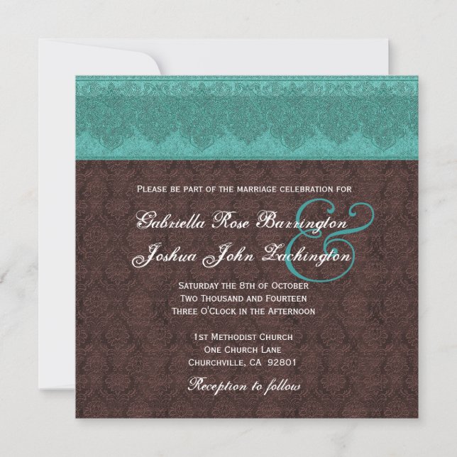 Teal and Chocolate Damask Monogram Wedding V07 Invitation (Front)