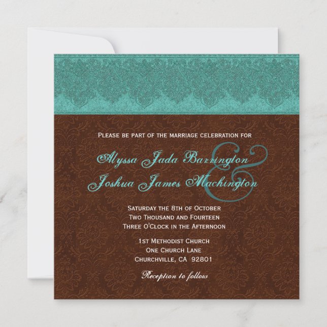 Teal and Chocolate Damask Monogram Wedding V15A Invitation (Front)