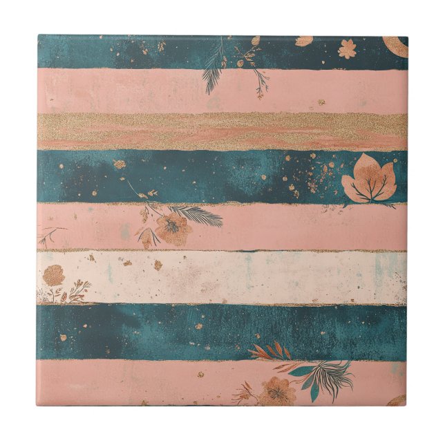 Teal and Clay Celestial Stripe with Tribal Details Ceramic Tile (Front)