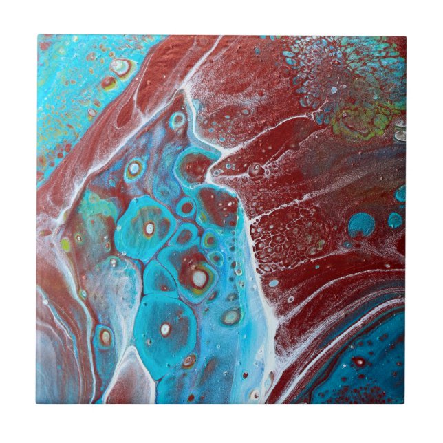 Teal and Copper Acrylic Pour Art Ceramic Tile (Front)