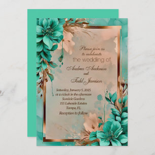 Teal and copper flower wedding invitation