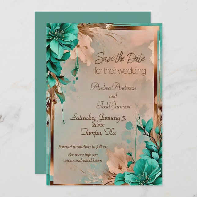 Teal and copper flower wedding  save the date (Front/Back)