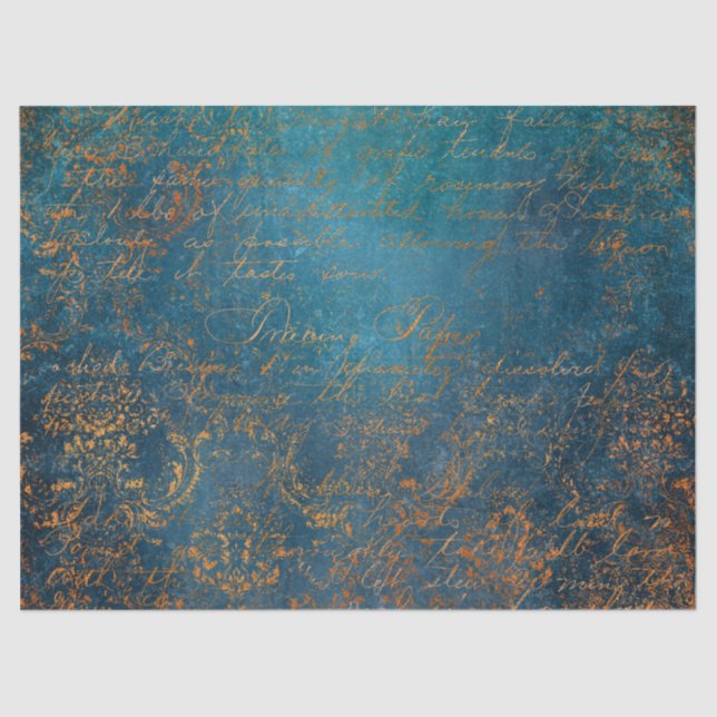 Teal and Copper Patina Calligraphy Tissue Paper (Front)
