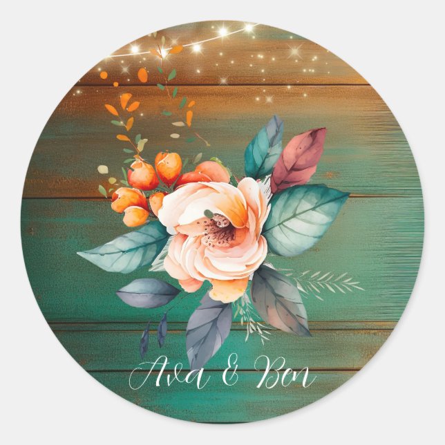 Teal and Copper Wood Floral Lights Wedding Classic Round Sticker (Front)