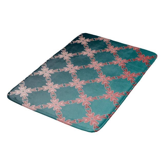Teal and Coral Botanical Lattice Gradient Bath Mat (Angled)