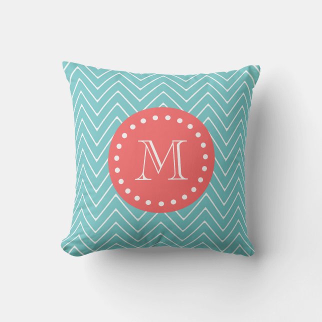 Teal and Coral Chevron with Custom Monogram Cushion (Front)