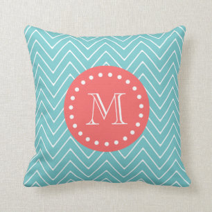Teal and Coral Chevron with Custom Monogram Cushion